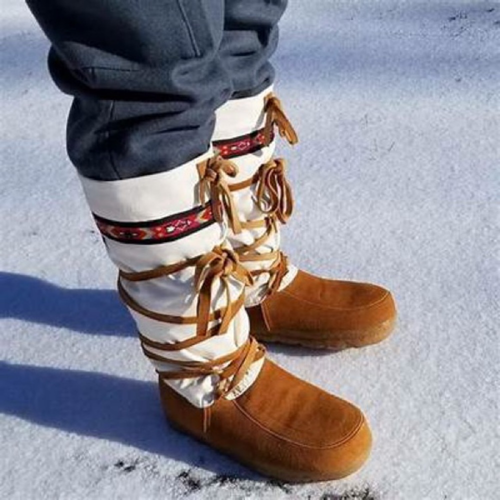 Steger MukLuks Arctic Moosehide Leather Tall Boots With Lace Around Ribbon.